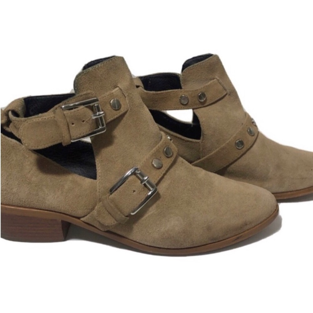 Rebecca Minkoff taupe suede buckle booties. Size 9.